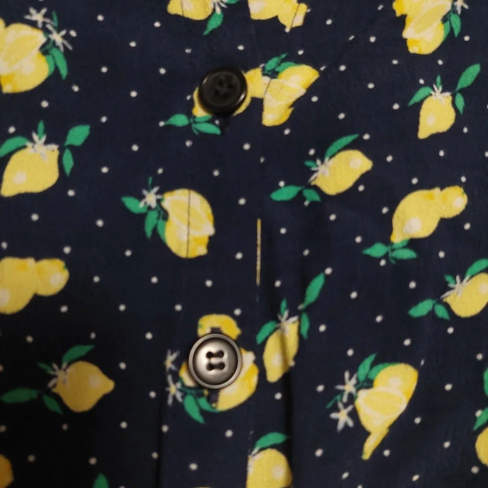 Talbots Shirt Dress 14 Navy Yellow Lemons Button Front Belted Midi Cottage Core - Picture 9 of 12